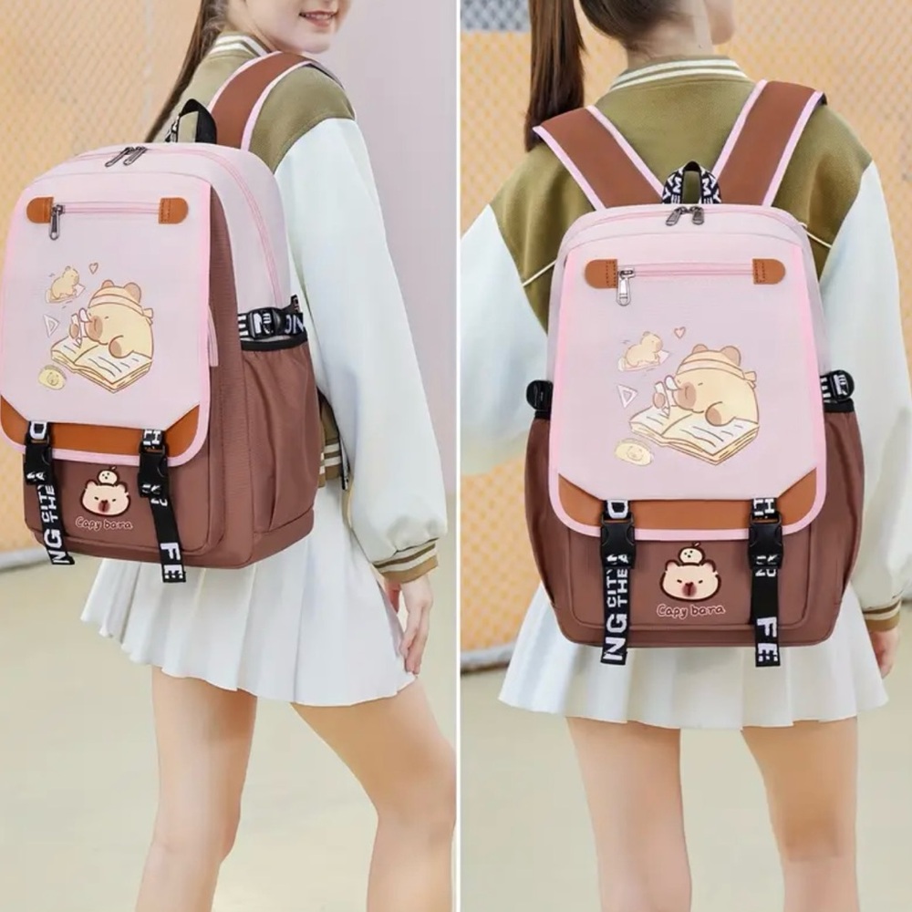 Capybara Versatile Backpack Adjustable Strap Travel Computer Bag Unisex, Pink - Picture 10 of 10